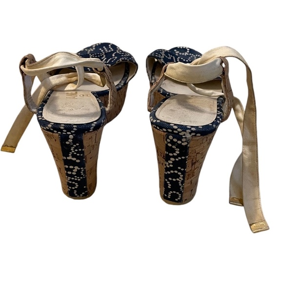 CHANEL Canvas Lambskin Cork CC Logo Print Platform Wedge  37/6.5 Navy/White - Picture 5 of 12